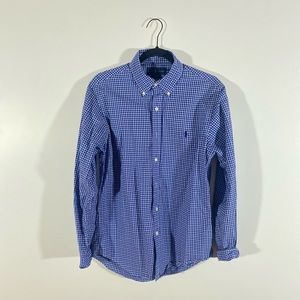 Blue print button down dress shirt